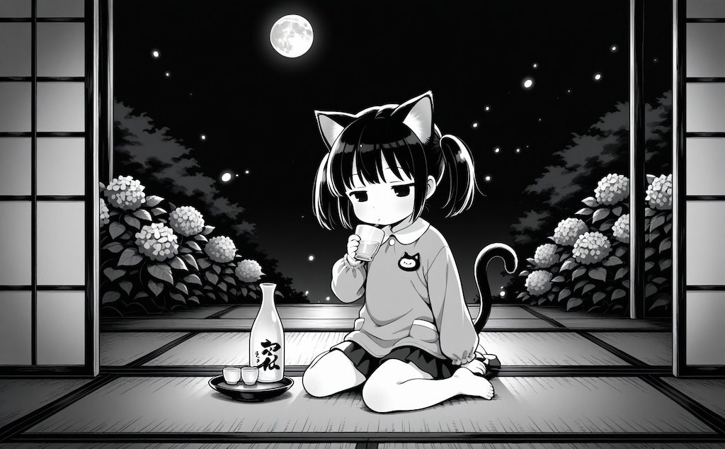 月見酒と紫陽花と蛍と猫子