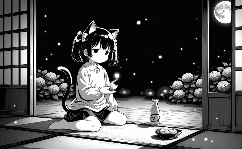 月見酒と紫陽花と蛍と猫子