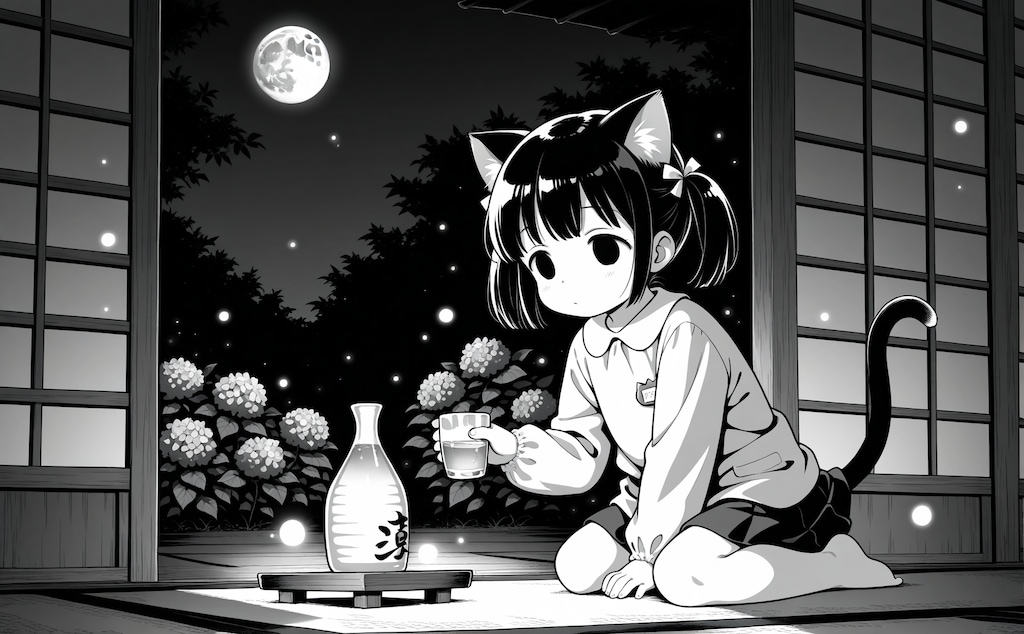 月見酒と紫陽花と蛍と猫子