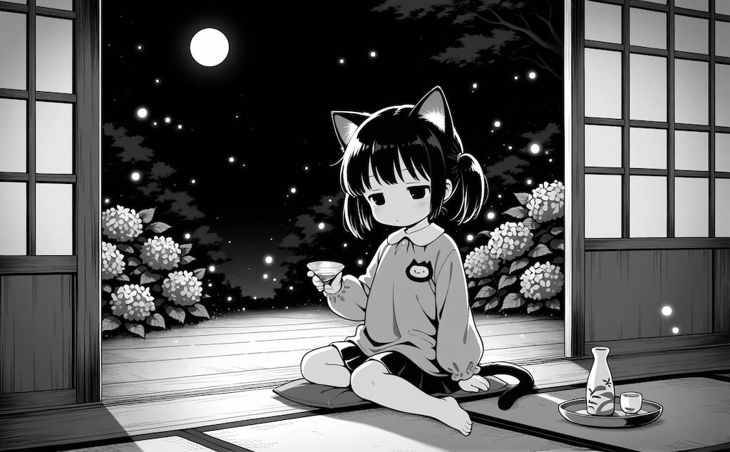 月見酒と紫陽花と蛍と猫子