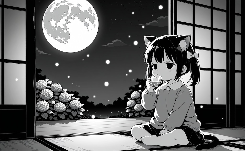 月見酒と紫陽花と蛍と猫子