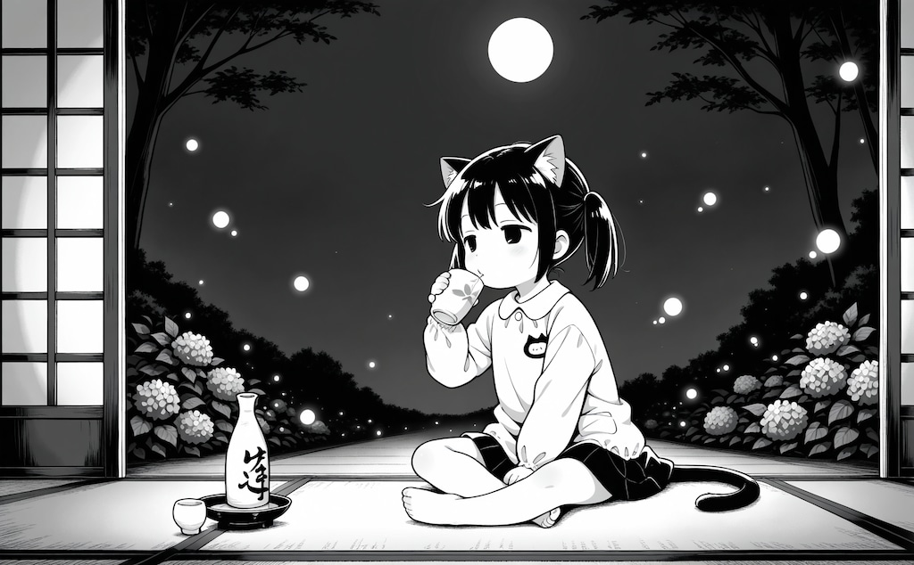 月見酒と紫陽花と蛍と猫子