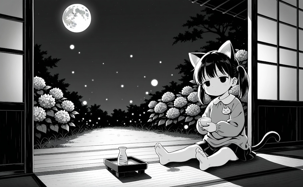 月見酒と紫陽花と蛍と猫子