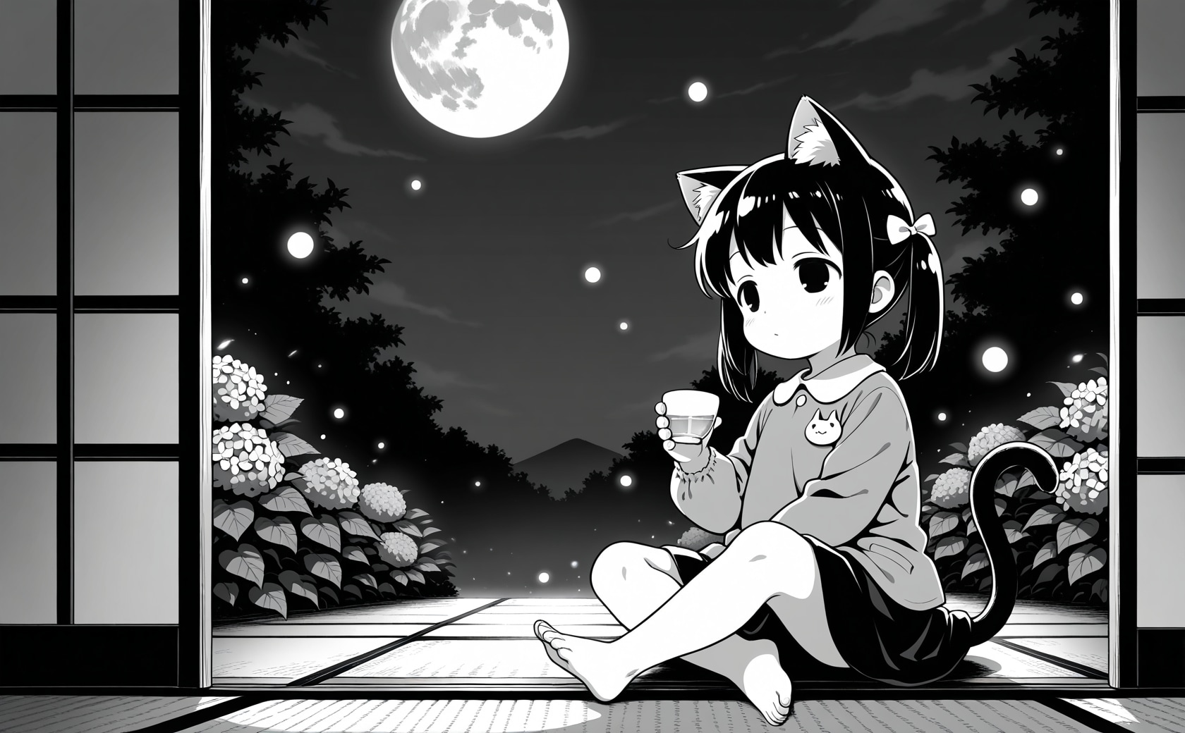 月見酒と紫陽花と蛍と猫子