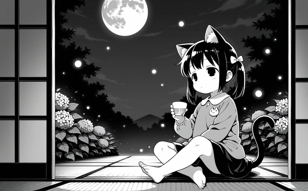 月見酒と紫陽花と蛍と猫子