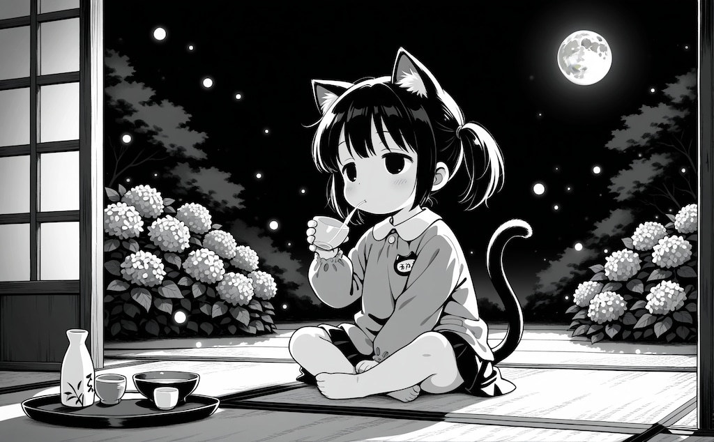 月見酒と紫陽花と蛍と猫子