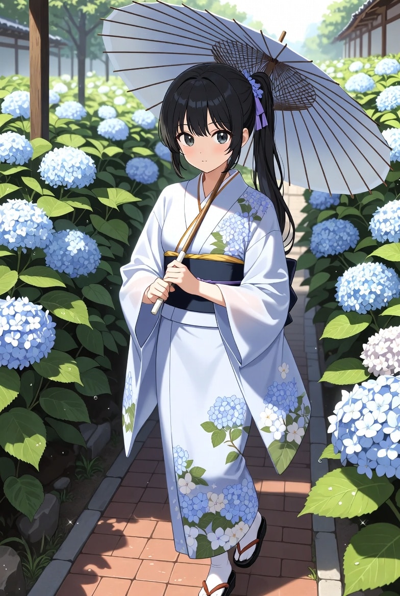 紫陽花の咲く小径をゆく