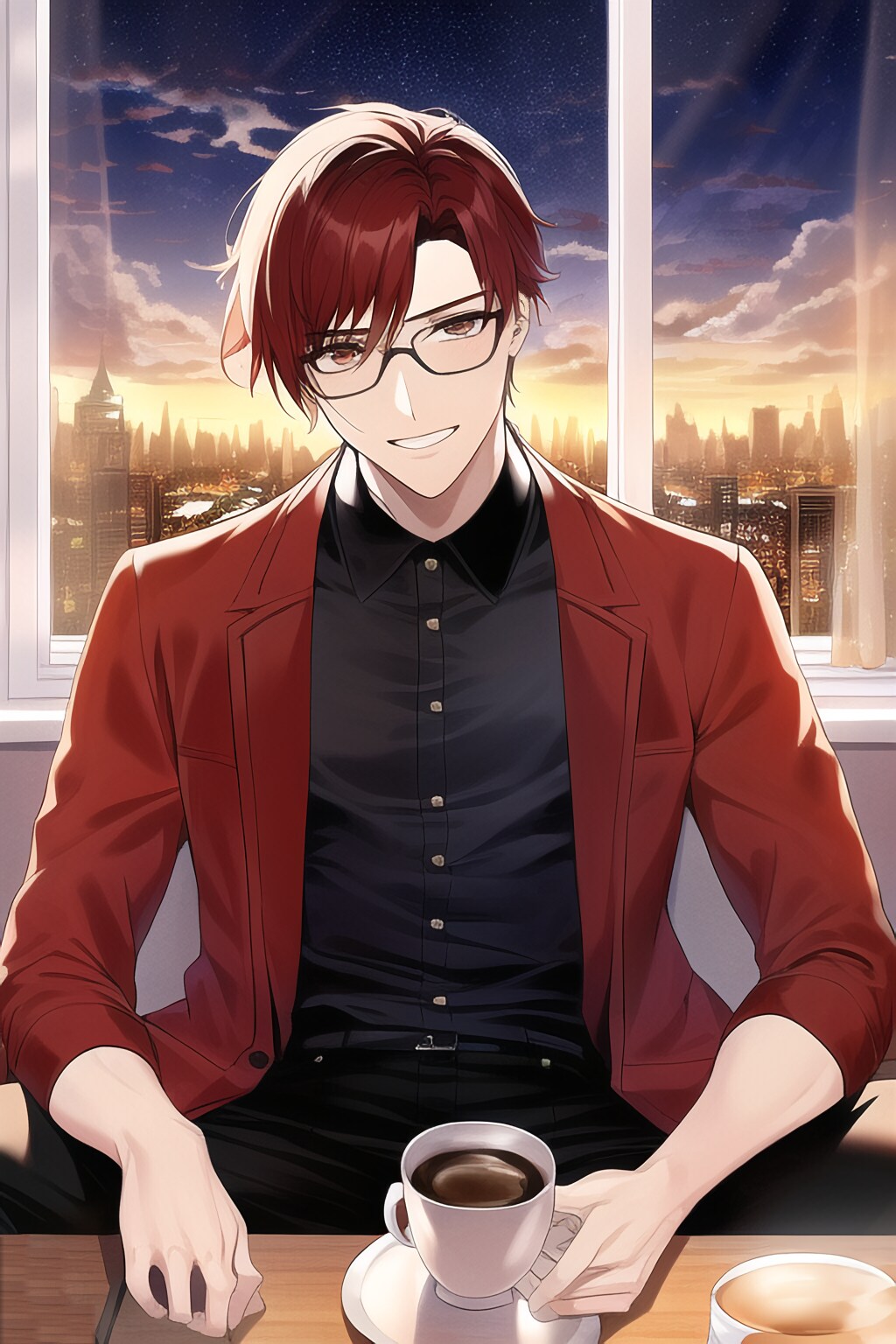 窓辺でコーヒーを飲むイケメン