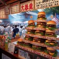 6月31日の神社のお祭りの屋台で売られているハンバーギ 2枚目