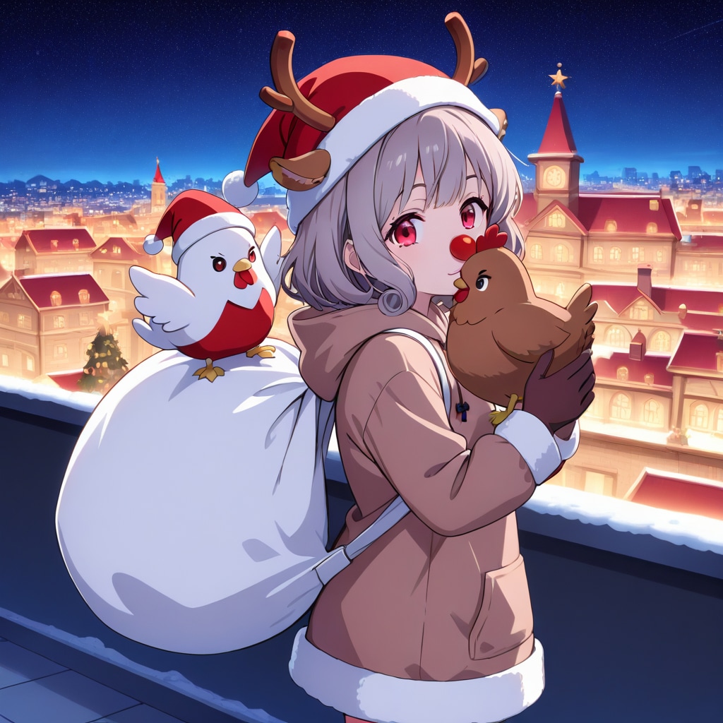 各地に買われたチキンを蘇らせ仲間を集めるためサンタの新種と言い張り各家をまわる最新モデルのプレゼント袋を装備したトナカイ系女子