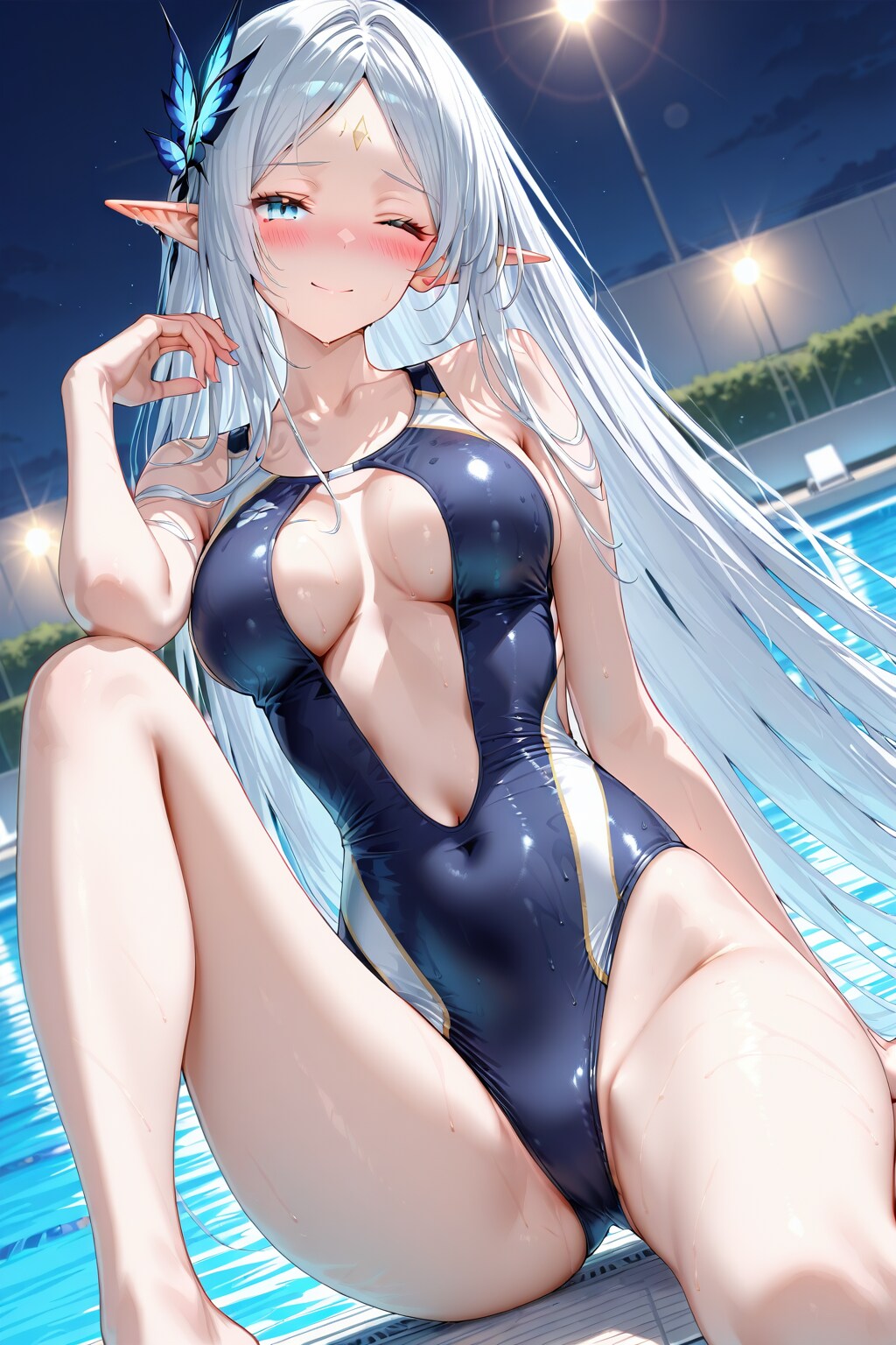【習作】銀髪セミロングストレートのエルフ　ー競泳水着姿 by #QILIN Ver.02 ー