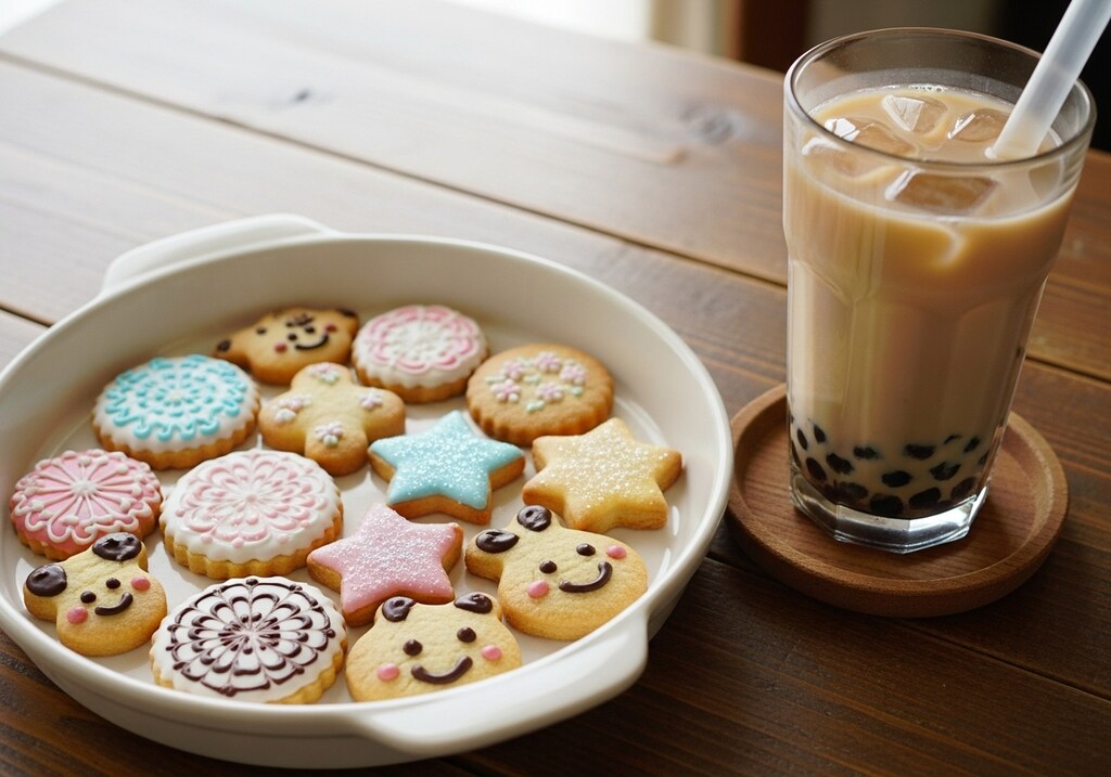 デザートのタピオカミルクティとアイシングクッキーのセット