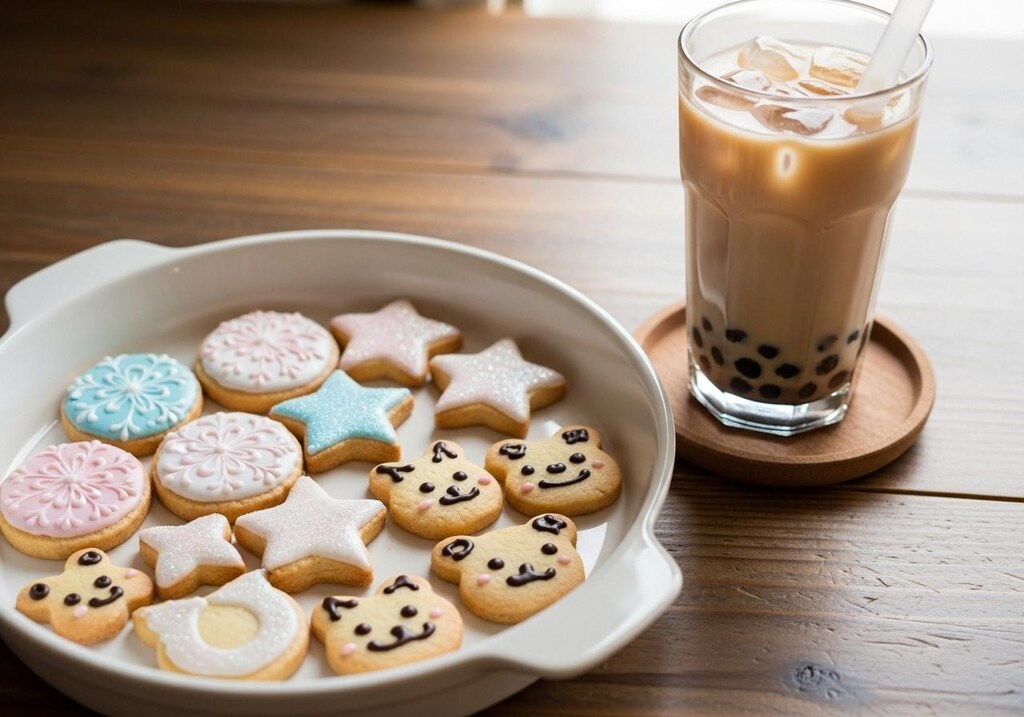 デザートのタピオカミルクティとアイシングクッキーのセット