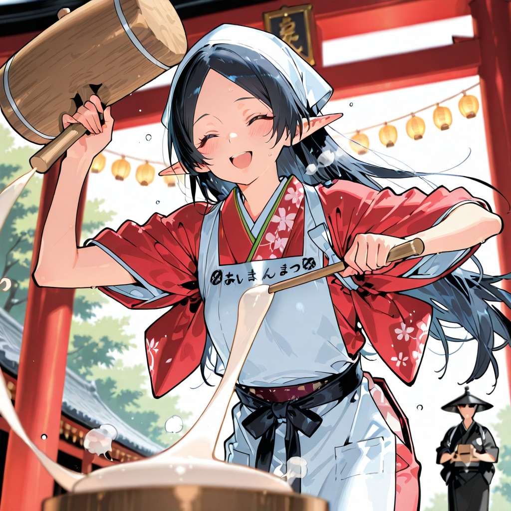 餅つき？をしているエルフの女の子