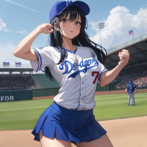 ドジャースユニフォームの黒髪少女