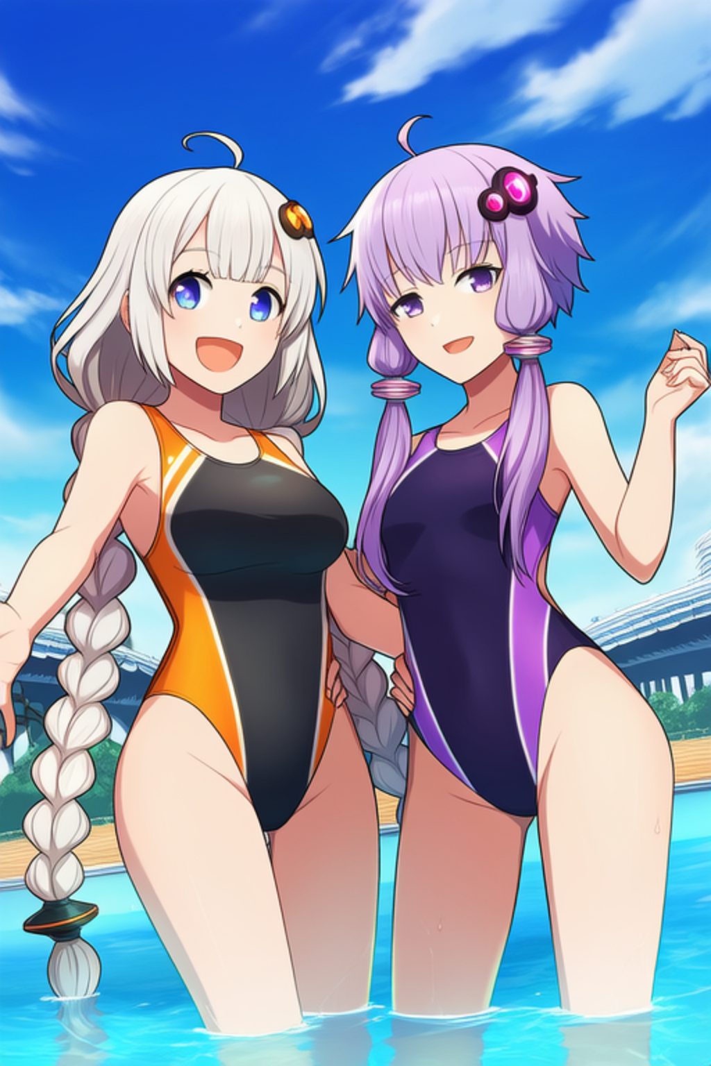 結月ゆかりと紲星あかりの競泳水着姿