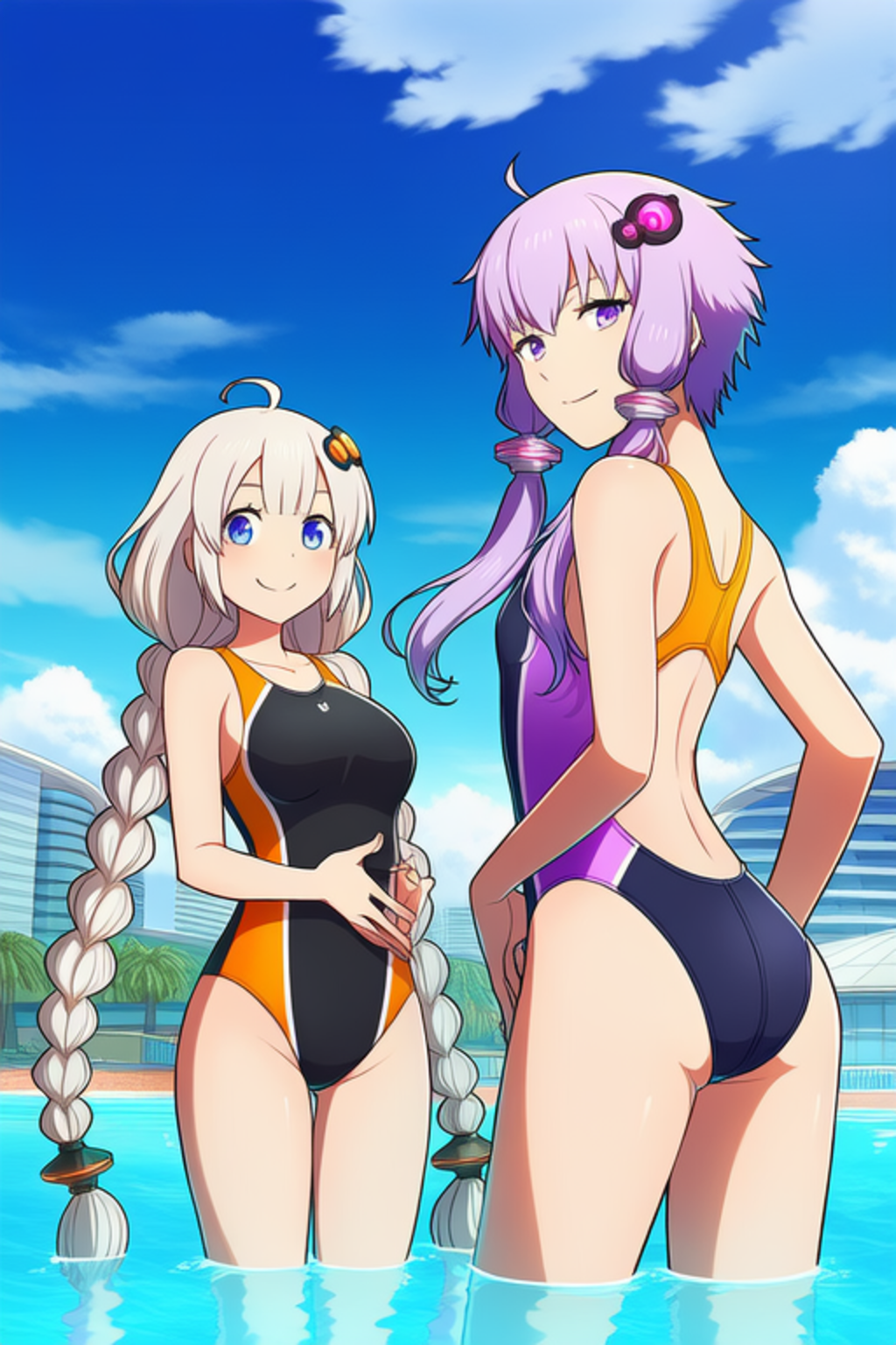 結月ゆかりと紲星あかりの競泳水着姿