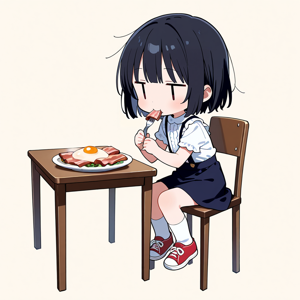 ベーコンエッグを食べる