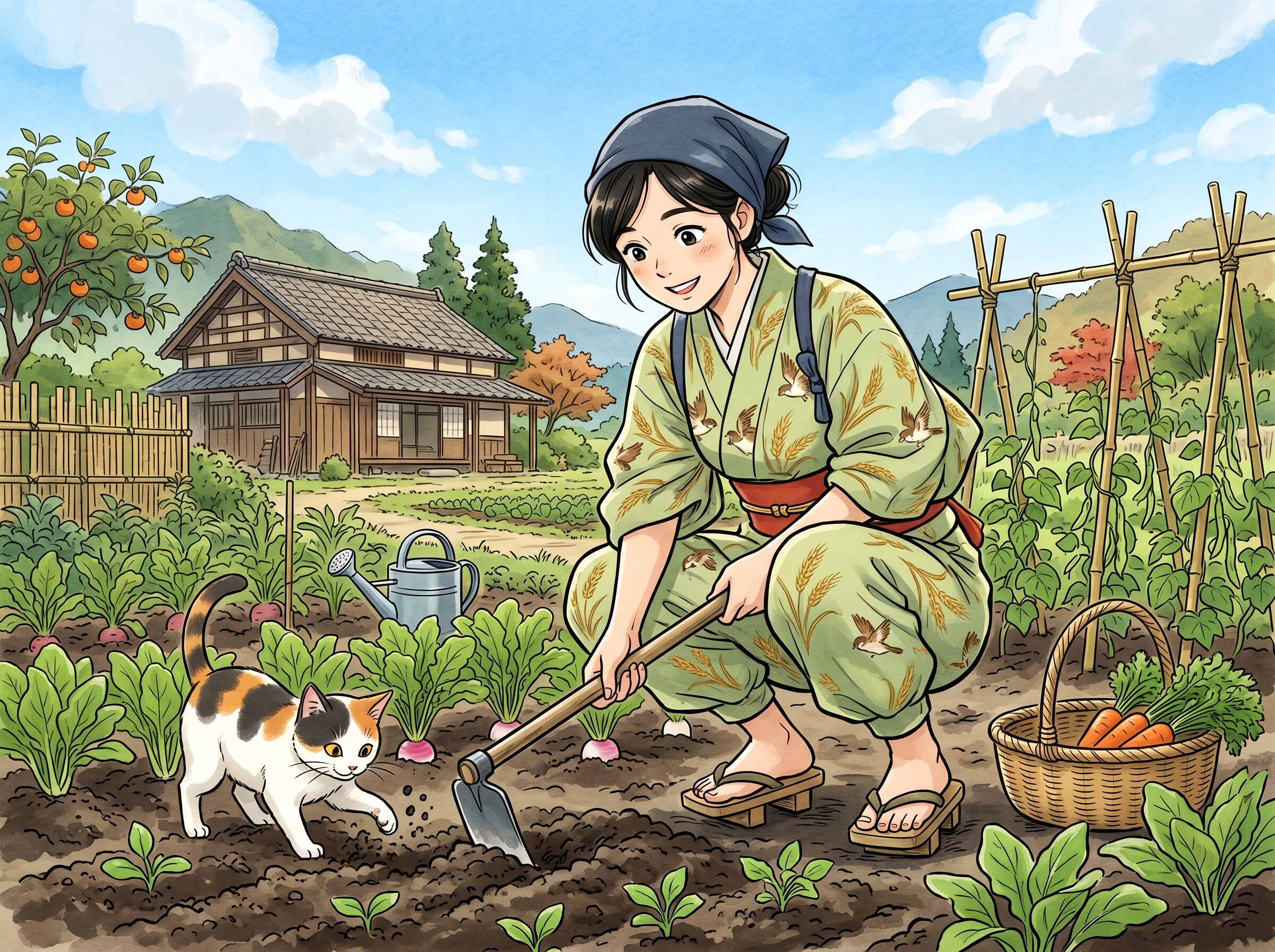 畑仕事を手伝う猫