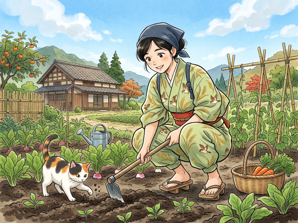 畑仕事を手伝う猫