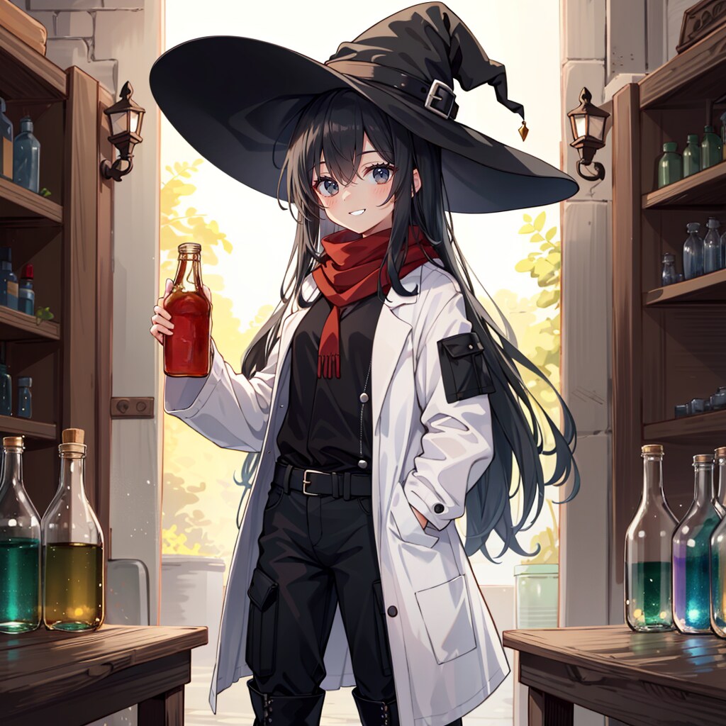 魔法薬を完成させた白衣姿の魔女