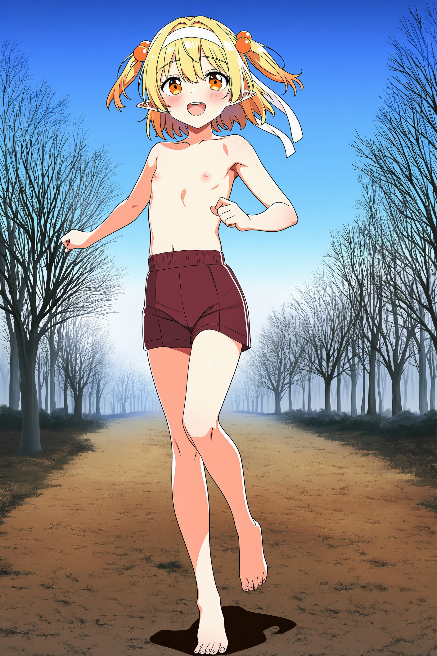 上半身裸+体操着の短パンに裸足のエルフさん