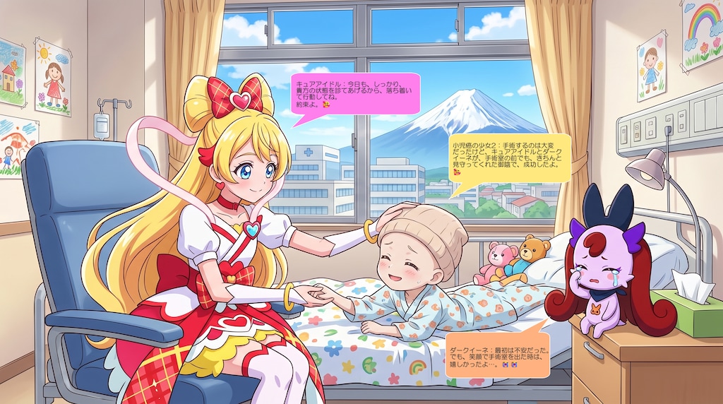 キュアアイドル、ダークイーネと小児癌の少女を看病する
