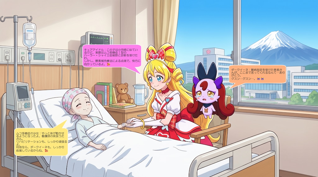 キュアアイドル、ダークイーネと小児癌の少女を看病する