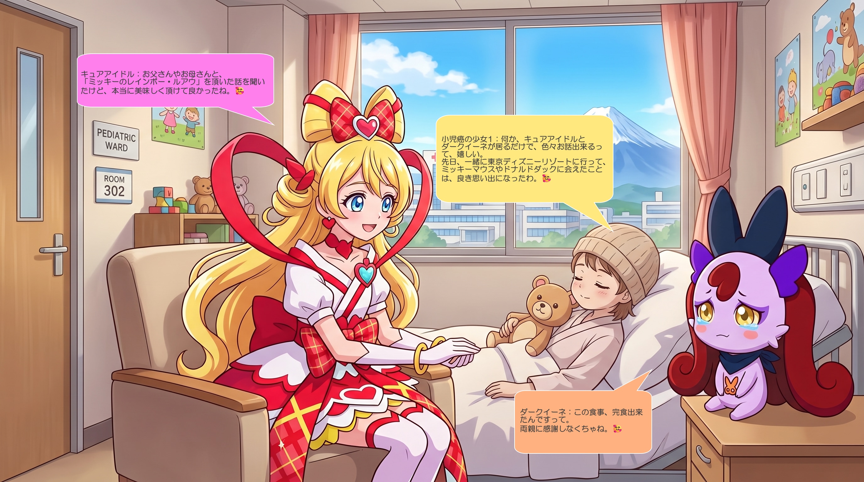 キュアアイドル、ダークイーネと小児癌の少女を看病する