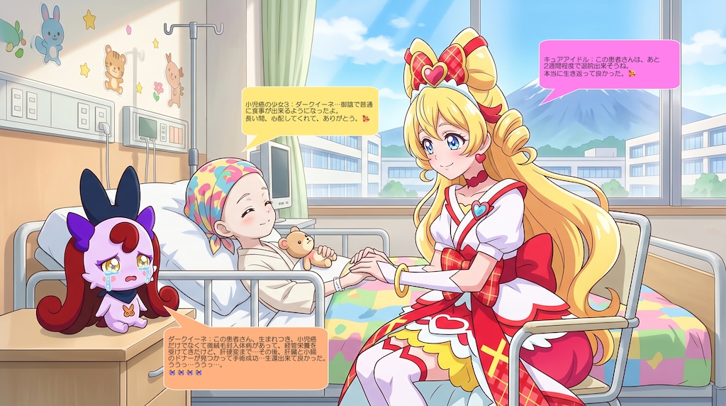 キュアアイドル、ダークイーネと小児癌の少女を看病する