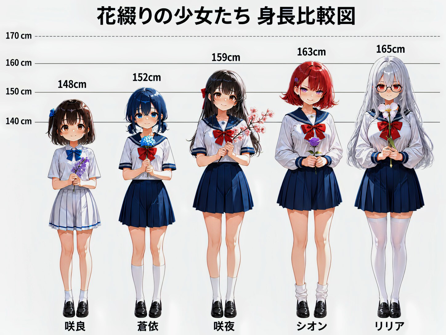 花綴りの少女たち 身長比較図
