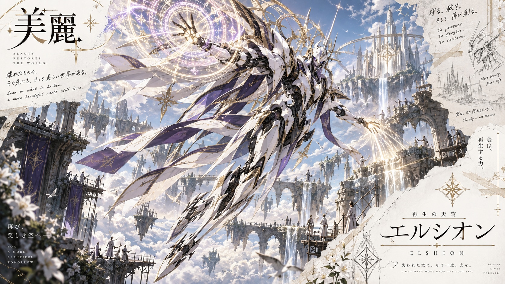 Elshion — Sky of Renewal  Beauty restores the world.  Above the ruins of a broken sky, Elshion rises | の人気AIイラスト・グラビア