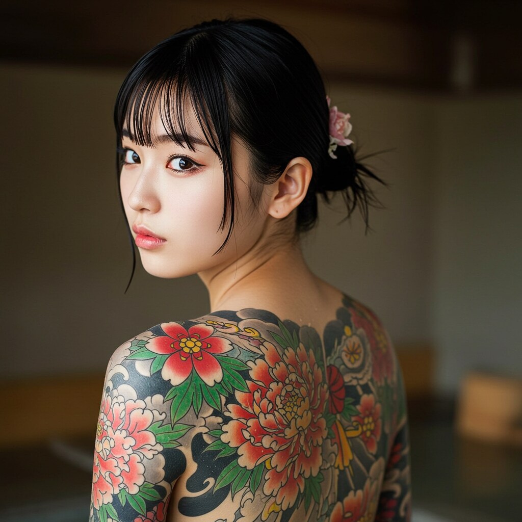 背中がカラフルなお姉さん