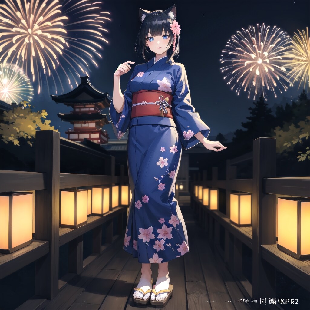 神社で花火を楽しむ猫耳の女の子