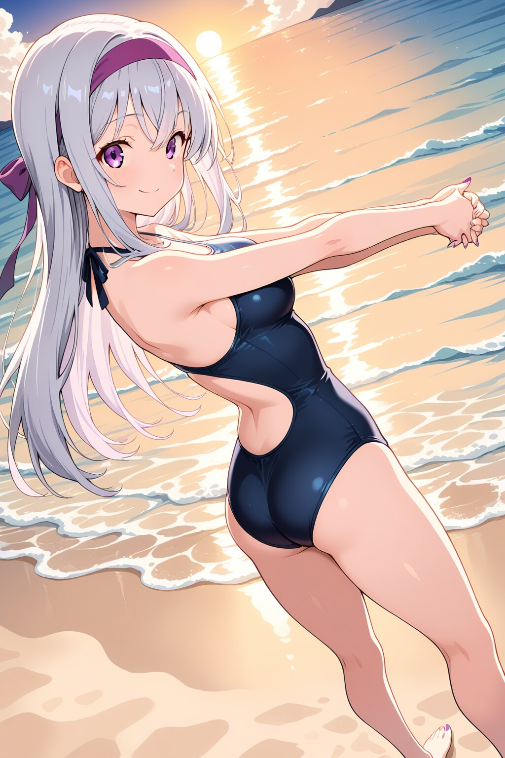 銀髪少女と夕暮れの海