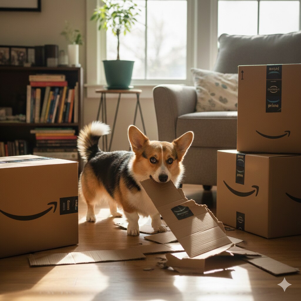 段ボールで遊ぶ犬