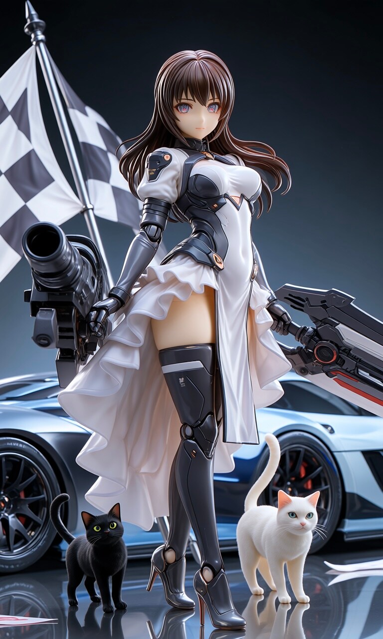 異世界制服少女達　レースクィーンメカ娘と黒猫🐈‍⬛ちゃんと白猫🐈兄さん | の人気AIイラスト・グラビア
