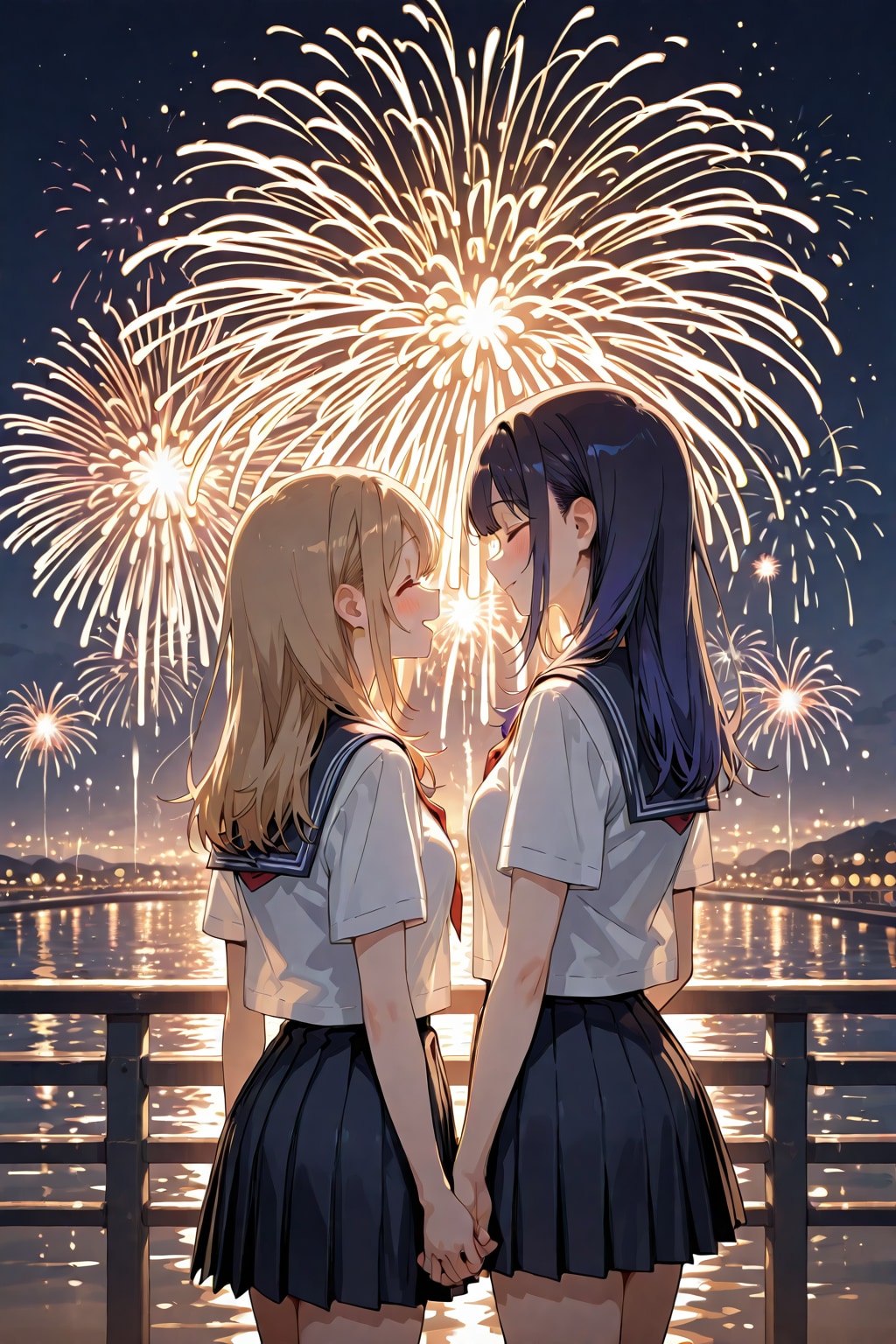 花火を見る女子高生たち