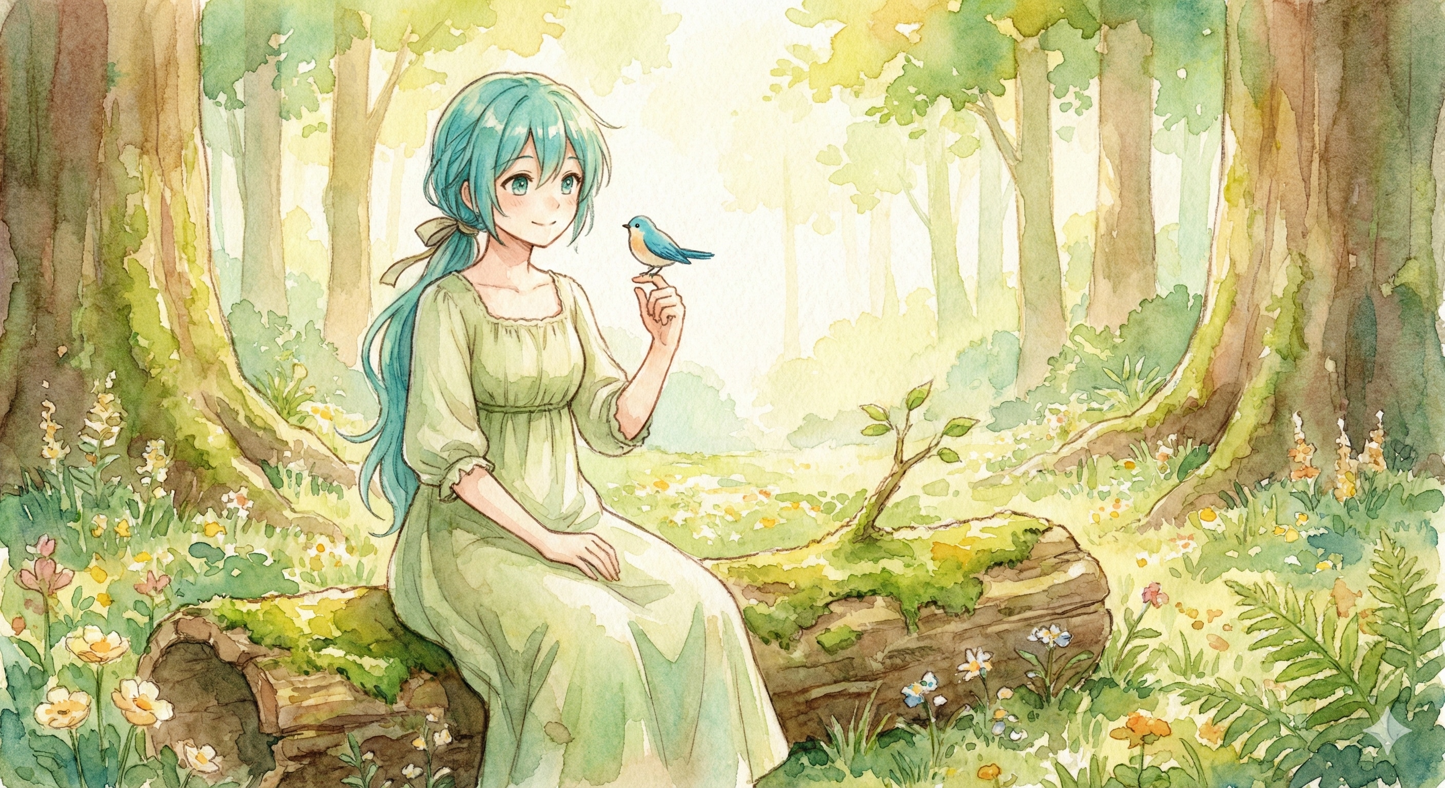 水彩画ミクさん　木漏れ日の森と、青い小鳥のささやき | の人気AIイラスト・グラビア