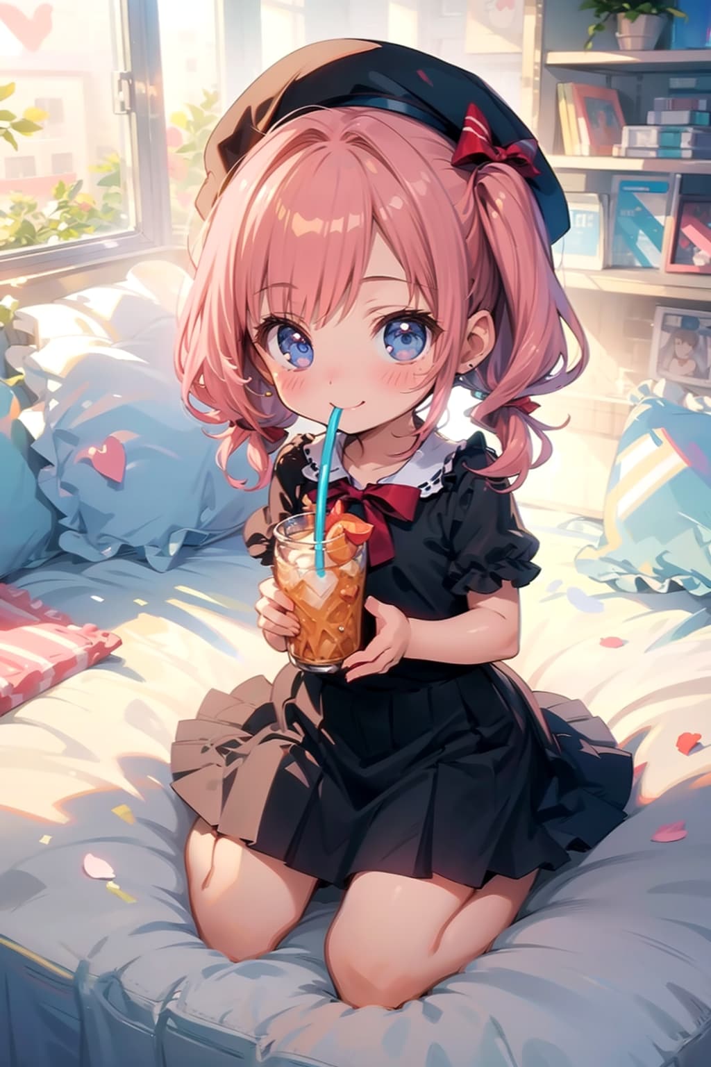 ベッドの上で-、水分補給-！。