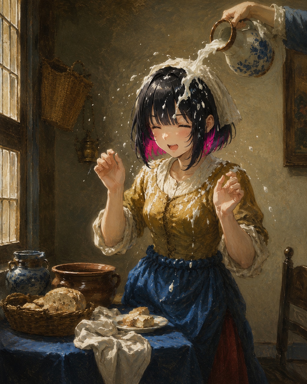 牛乳を注がれる女