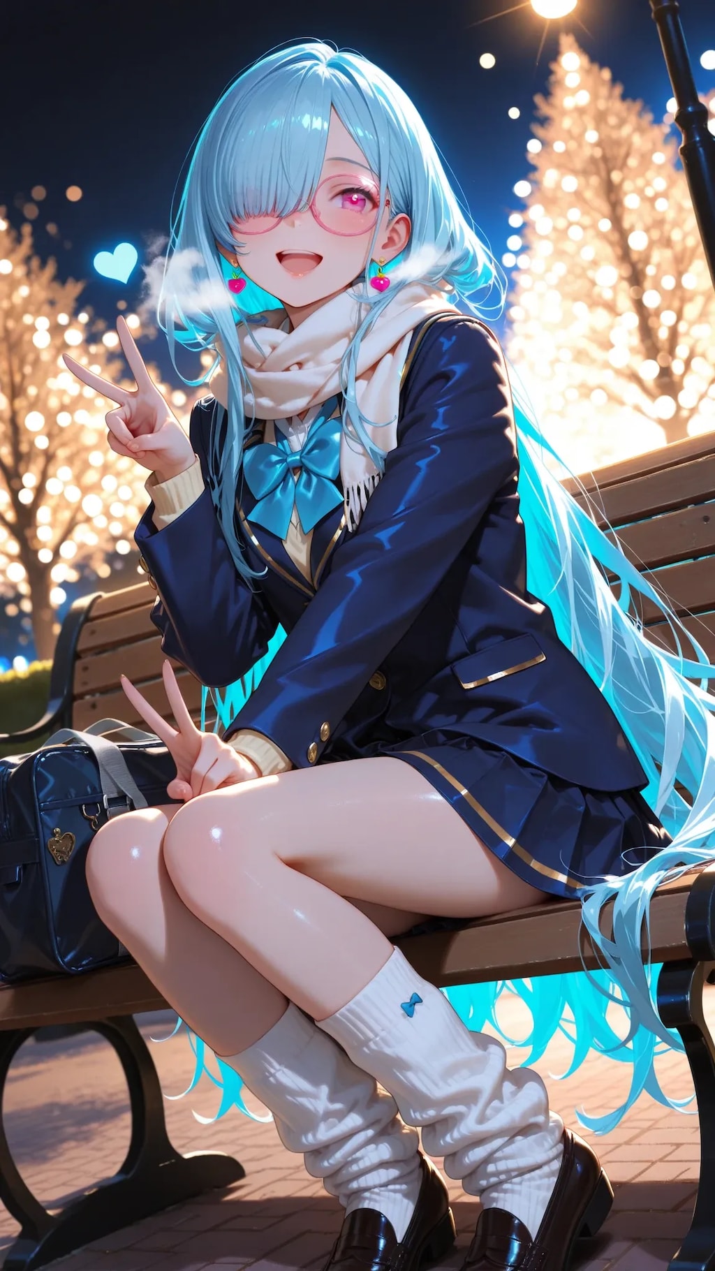 Illuminated by blue backlighting and sparkling bokeh