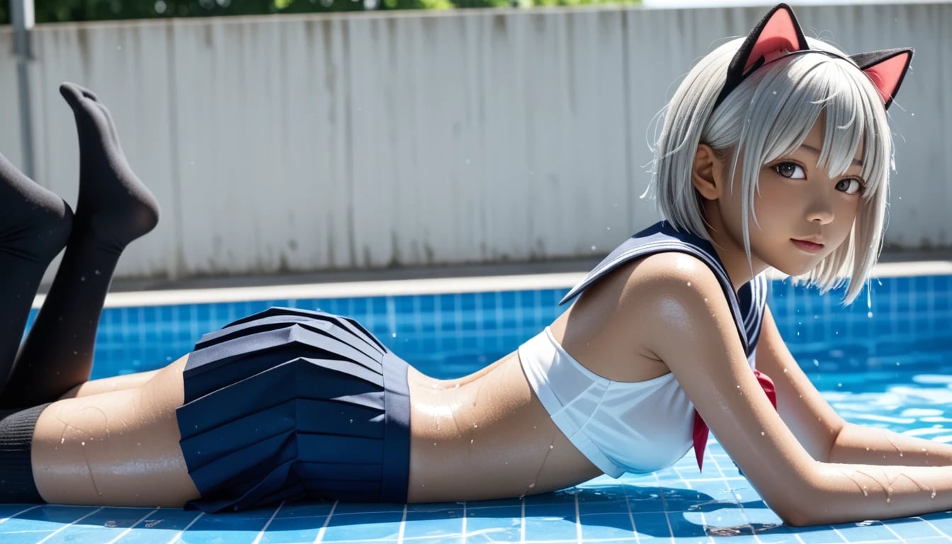 「絶対領域に視線釘付け！」銀髪猫耳セーラー美少女に全ユーザーが虜