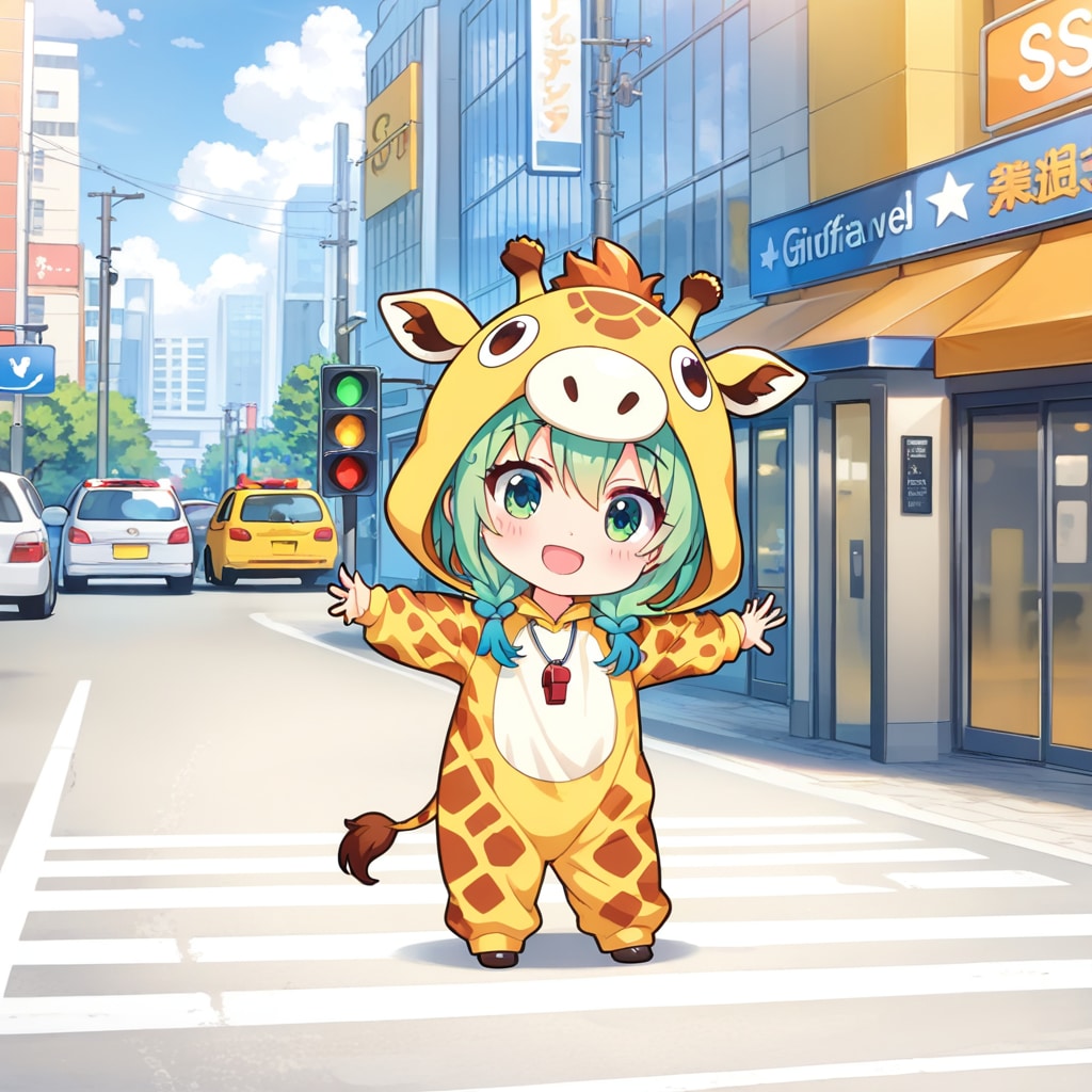 交通信号とキリン着ぐるみちび子ちゃん