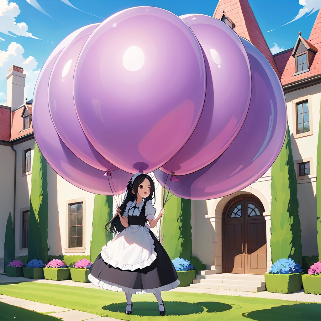 屋敷の庭で紫色の巨大風船を膨らませて遊ぶメイド服の美女 | の人気AIイラスト・グラビア