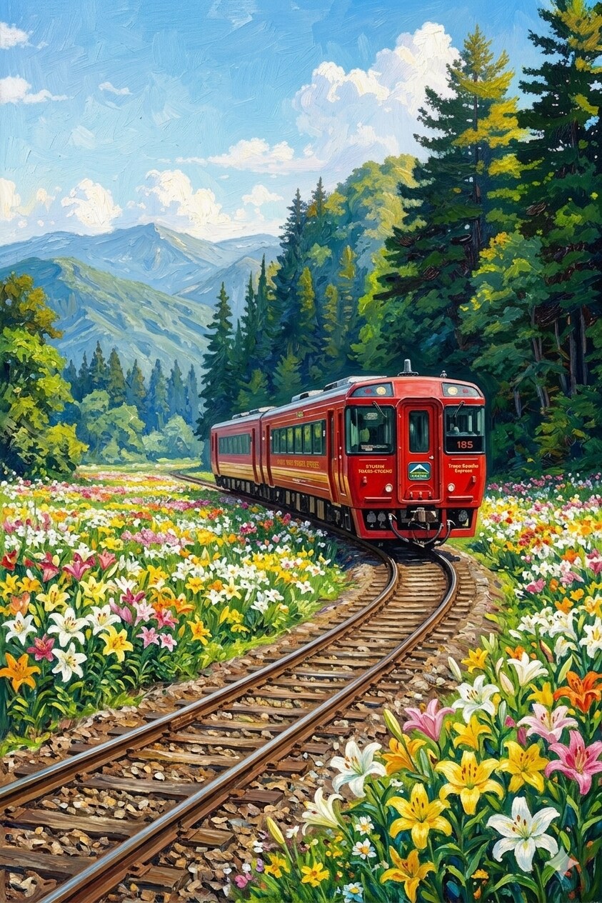 ゆり畑と赤の気動車特急