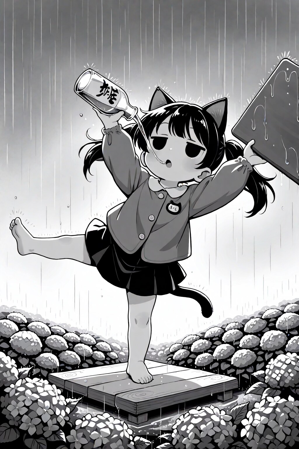 雨の紫陽花と働きたくないダンスな猫子
