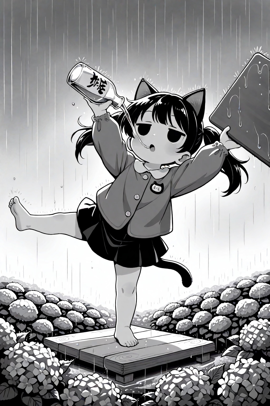 雨の紫陽花と働きたくないダンスな猫子