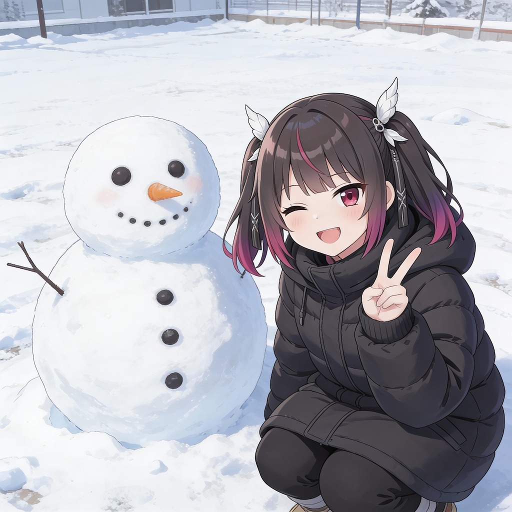 自作の雪だるまと一緒に記念撮影するミテルちゃん