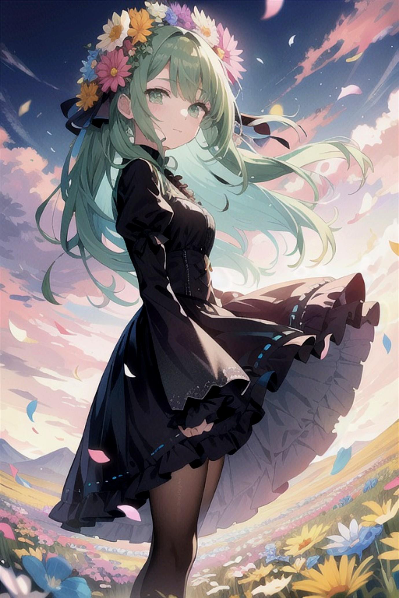 花と緑髪ちゃん | の人気AIイラスト・グラビア